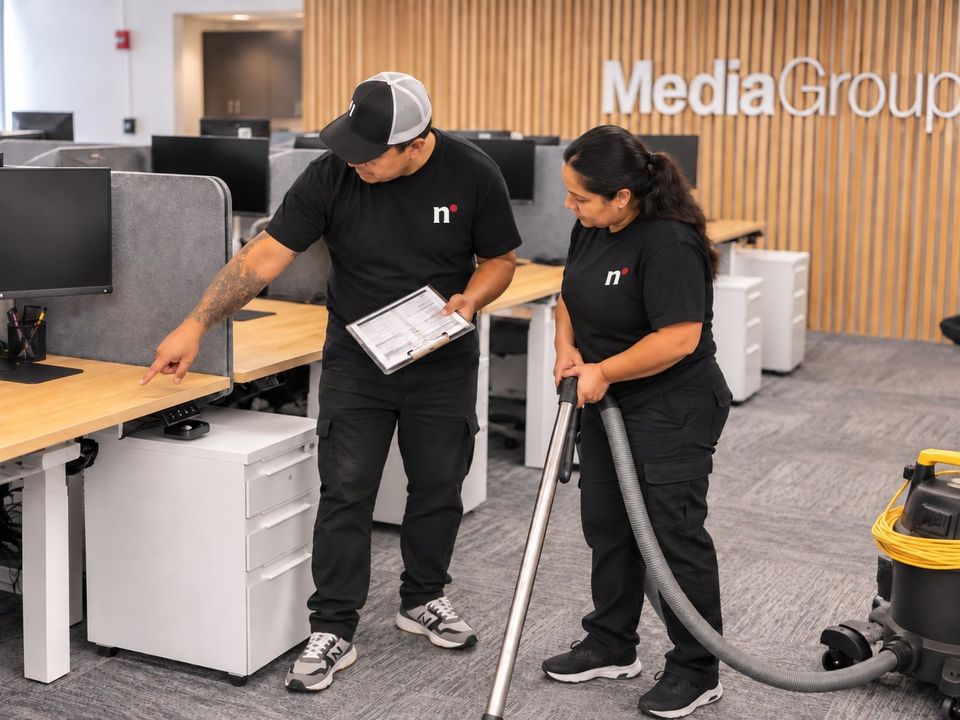 A Nomad Facilities supervisor training a team member in a client office